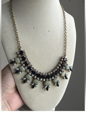 J. Crew Gold Tone Chain Navy Green Beaded Statement Bib Necklace 18-22”